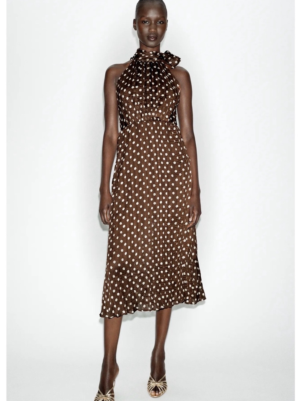 Zara Brown Polka Dot Halter Midi Dress